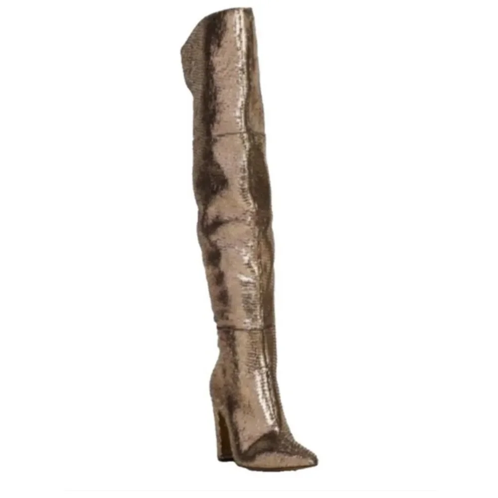 Vince Camuto Minnada Over The Knee Boots in Warm Pewter Met Cut Gem Size 6.5